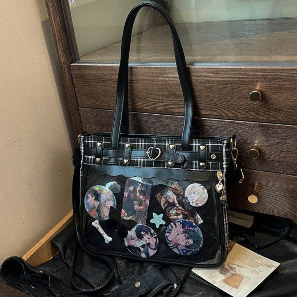 Anime Merchandise Women - กระเป๋าคาดลำตัวลายการ์ตูนอนิเมะ Y2K แบบตาข่าย พร้อมป้ายติดตุ๊กตา กระเป๋าสะพายข้าง JK